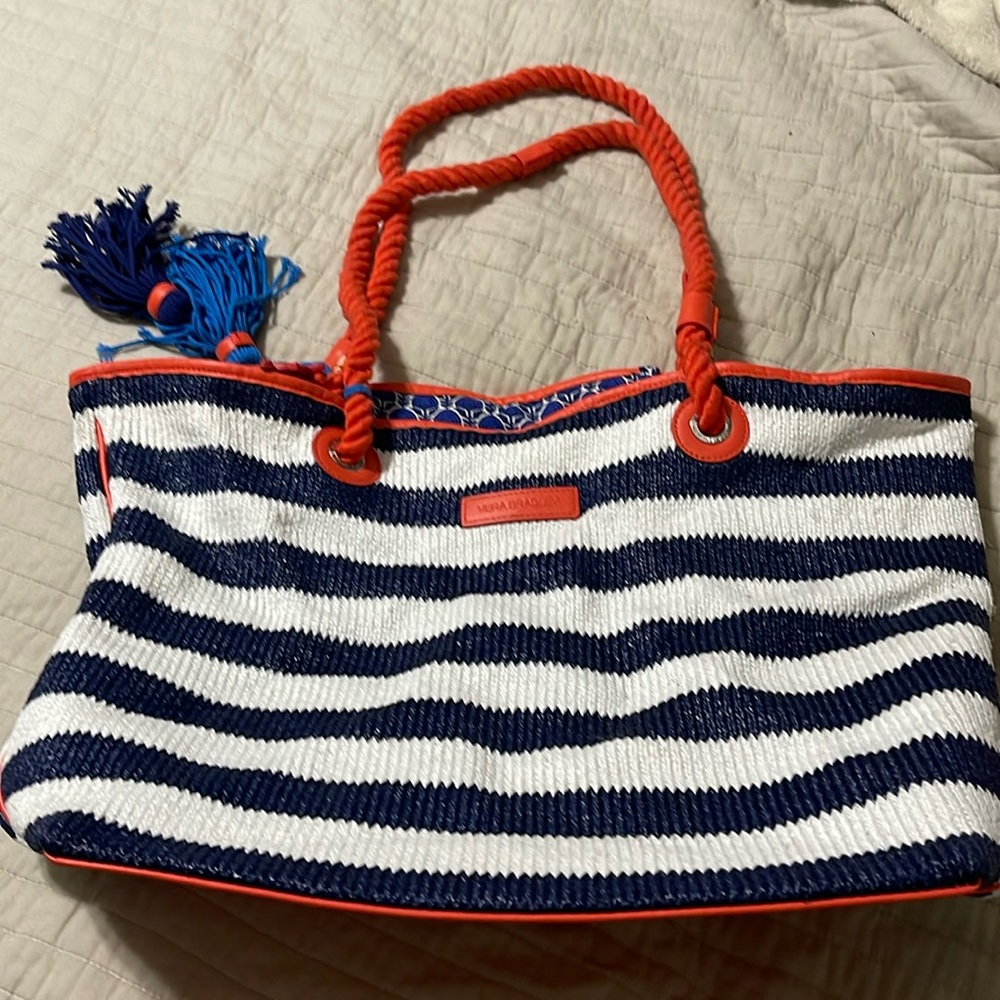 Vera Bradley Navy Blue and White Striped Rope-Handle Tote with Coral Trim